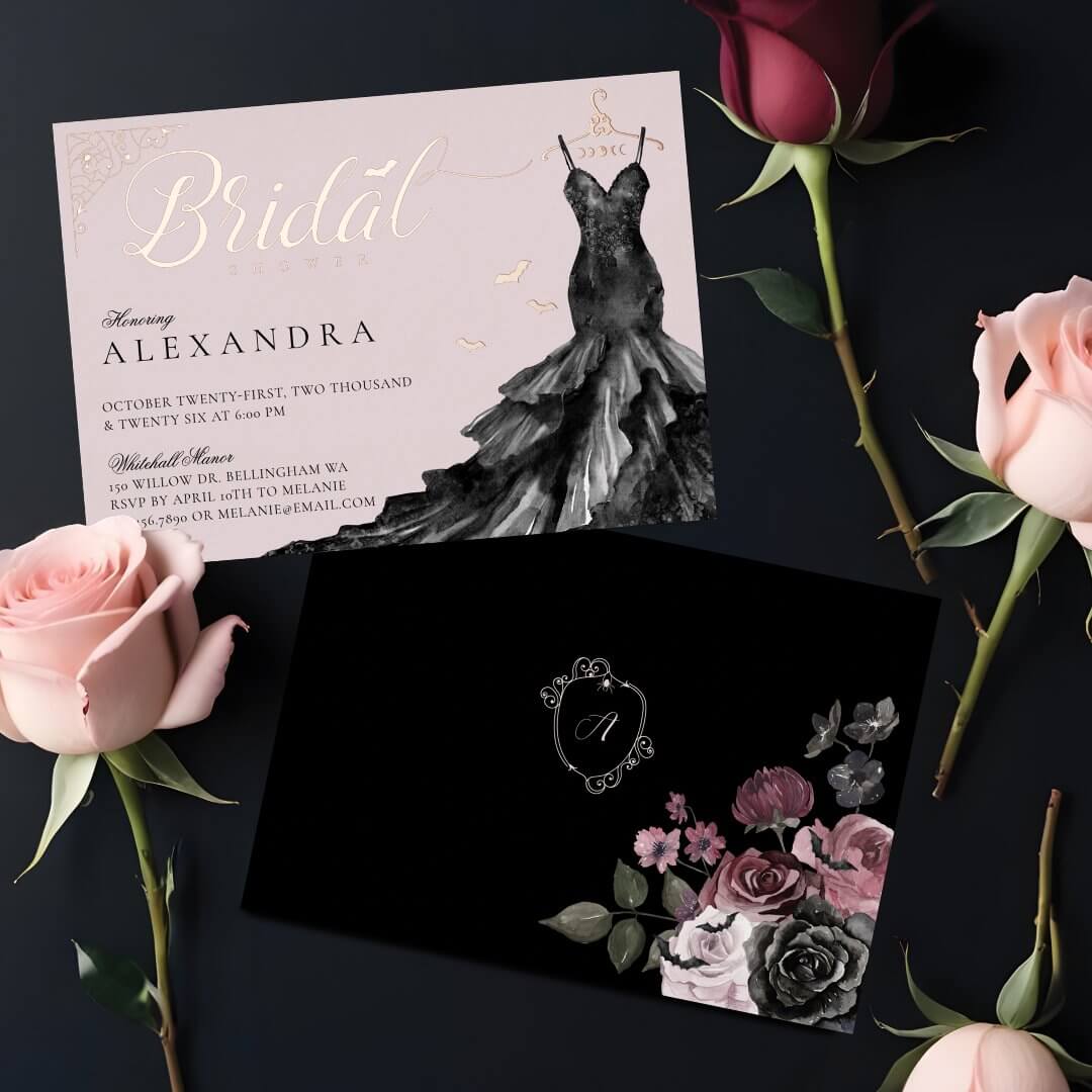 Elegant Gothic Black Wedding Dress Bridal Shower Foil Invitation