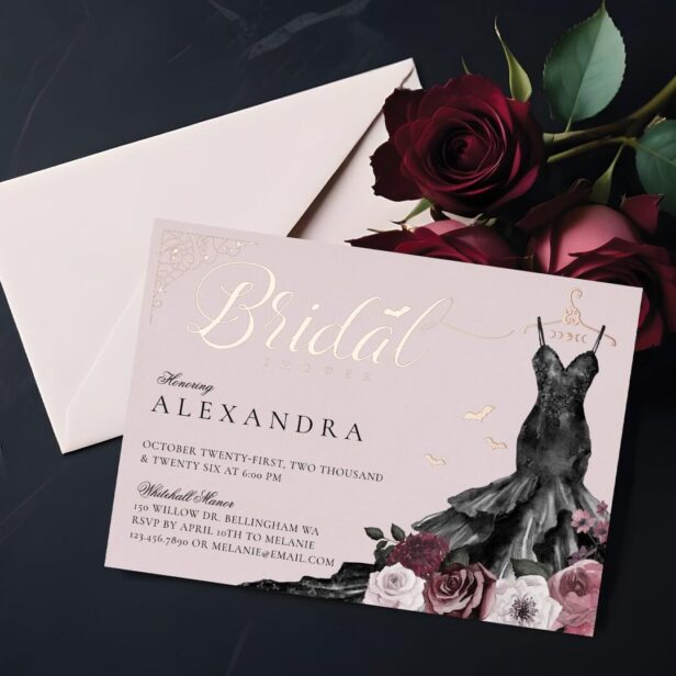 Elegant Gothic Floral Wedding Dress Bridal Shower Foil Invitation