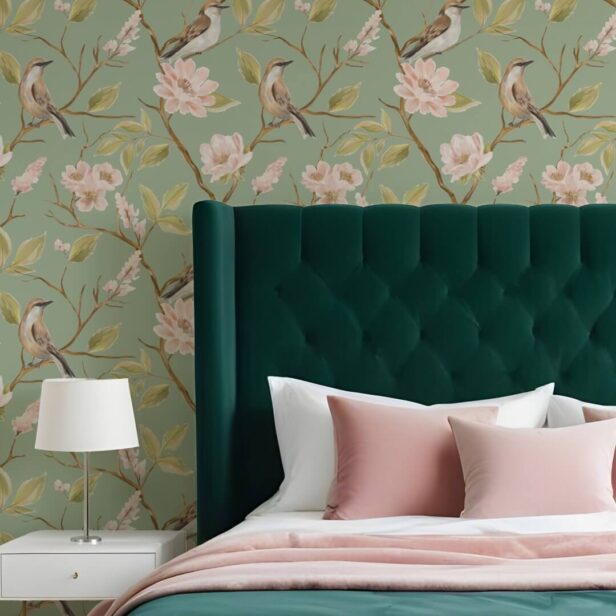 Elegant Oil Painting Bird & Branch Pink Floral Green Wallpaper