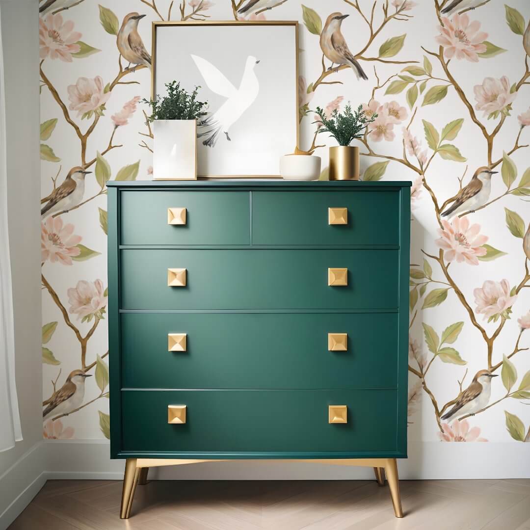 Elegant Oil Painting Bird & Branch Pink Floral White Wallpaper