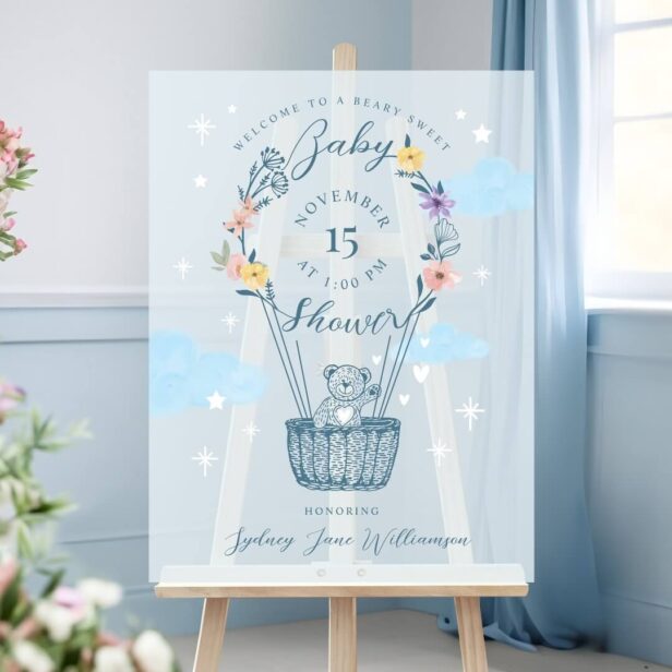 Floral Air Balloon Teddy Bear Blue Baby Shower Welcome Acrylic Sign