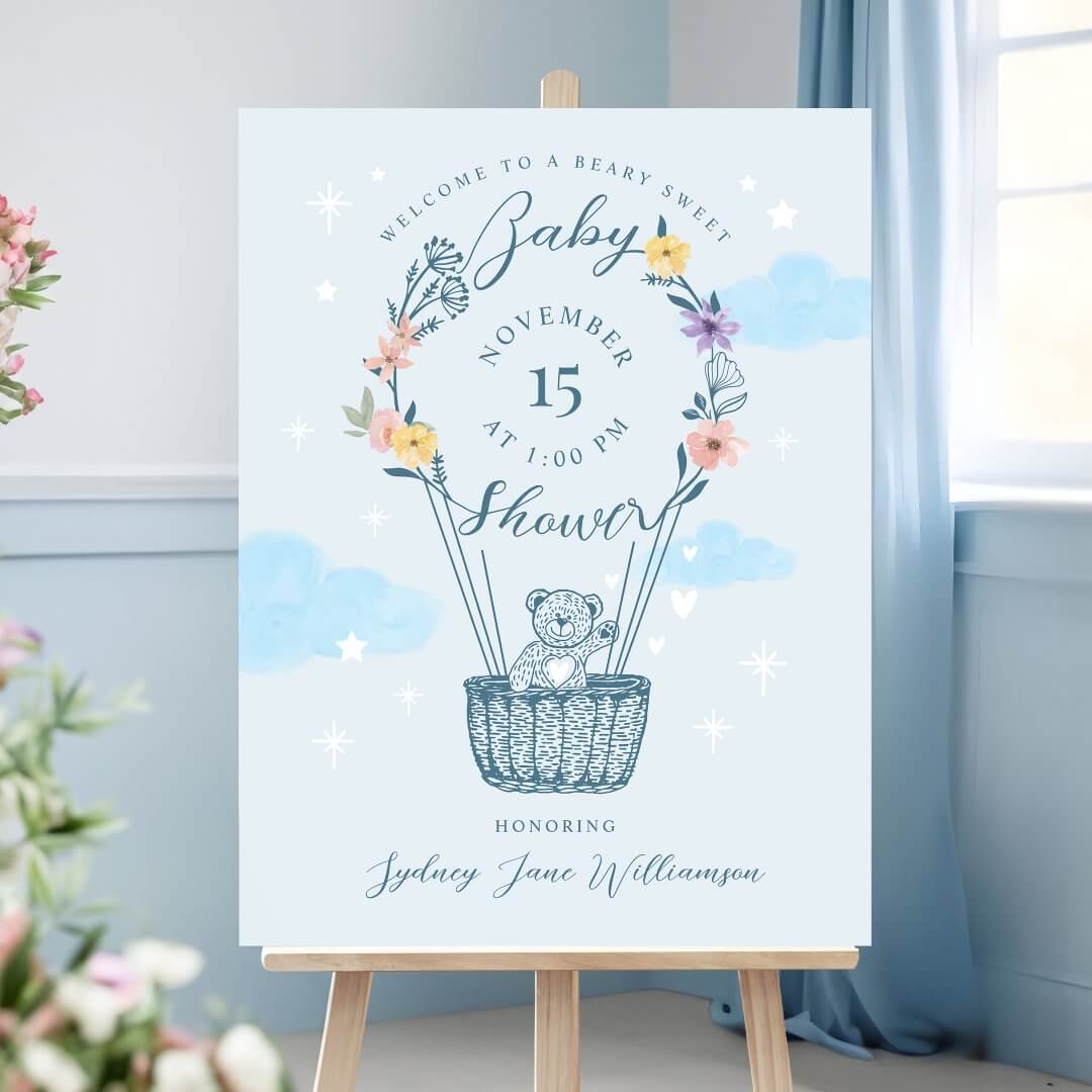 Floral Air Balloon Teddy Bear Blue Baby Shower Welcome Foam Board