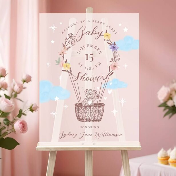 Floral Air Balloon Teddy Bear Pink Baby Shower Welcome Acrylic Sign