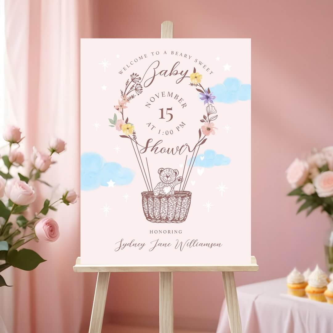 Floral Air Balloon Teddy Bear Pink Baby Shower Welcome Foam Board
