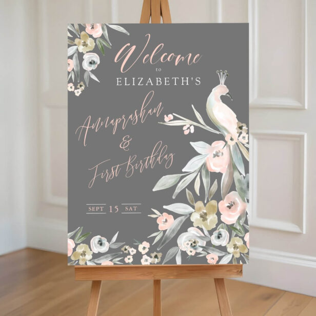 Floral Peacock Annaprashan First Birthday Welcome Foam Board