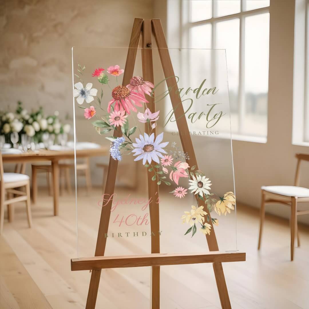 Garden Party Watercolor Wildflower Floral Birthday Acrylic Sign