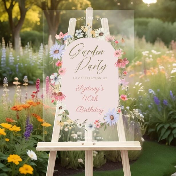 Garden Party Watercolor Wildflower Floral Birthday Acrylic Welcome Sign