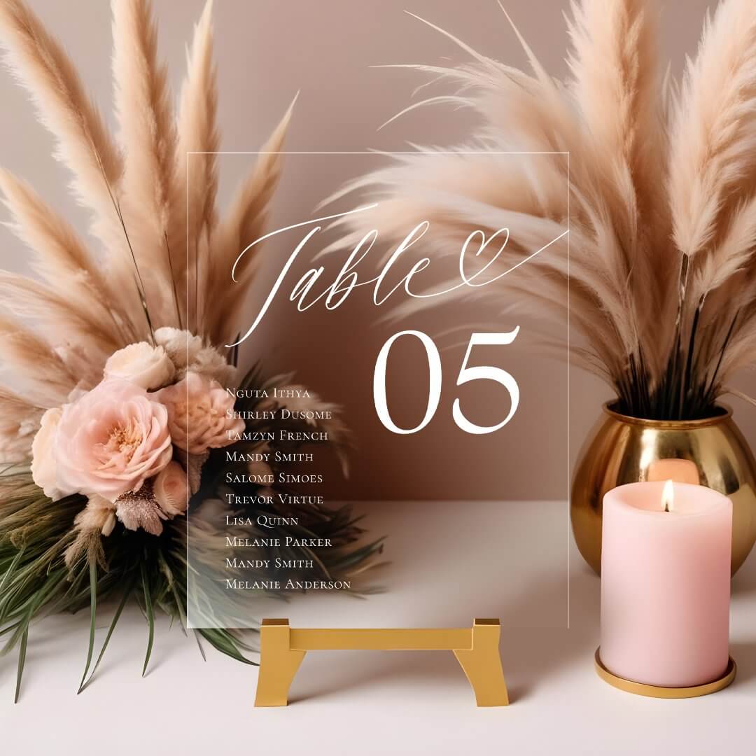 Heart Script Guest Names Seating Table Number White Acrylic Sign