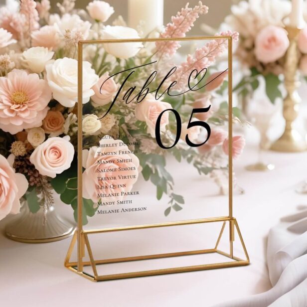 Heart Script Guest Names Seating Table Number Black Acrylic Sign