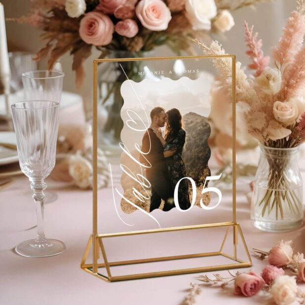 Heart Script Wavy Photo Wedding Table Number Acrylic Sign