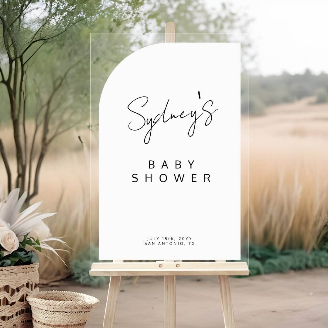 Minimal Arch Shape Brush Script Baby Shower White Acrylic Sign