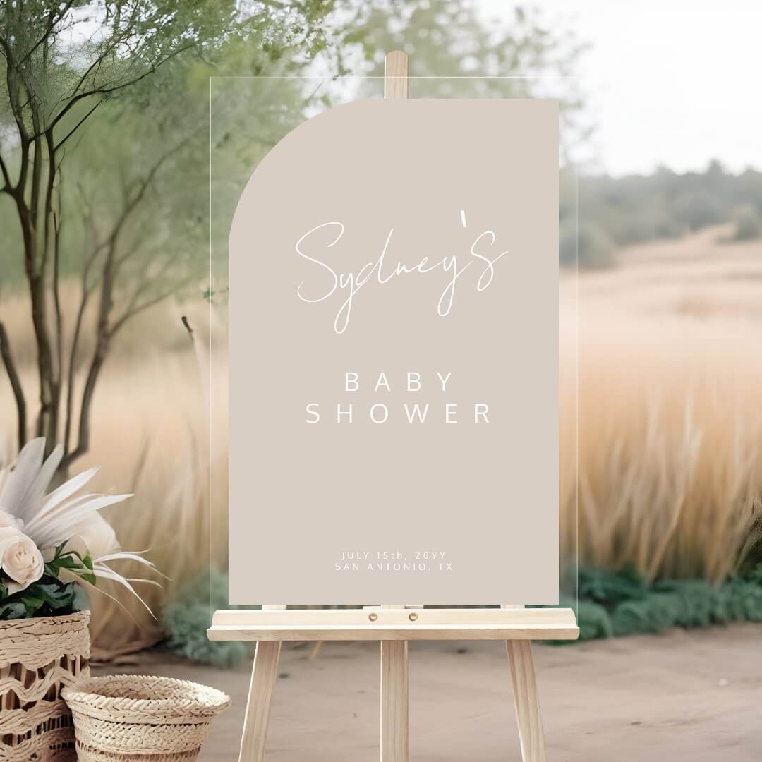Minimal Arch Shape Brush Script Baby Shower Cream Acrylic Sign
