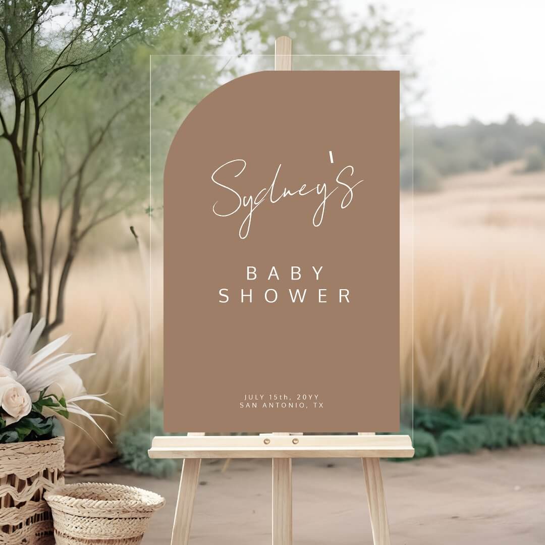 Minimal Arch Shape Brush Script Baby Shower Brown Acrylic Sign