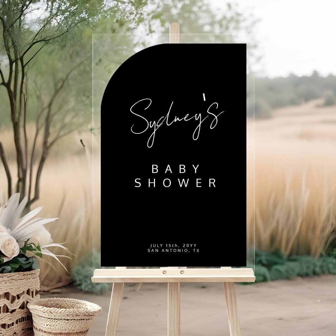 Minimal Arch Shape Brush Script Baby Shower Black Acrylic Sign