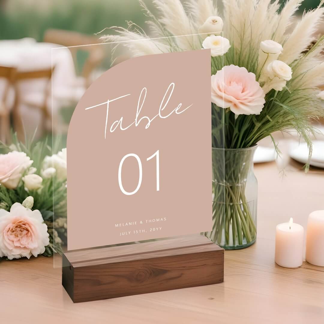 Minimal Arch Shape Brush Script Blush Table Number Acrylic Sign