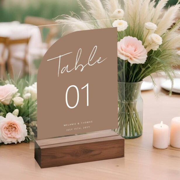 Minimal Arch Shape Brush Script Brown Table Number Acrylic Sign