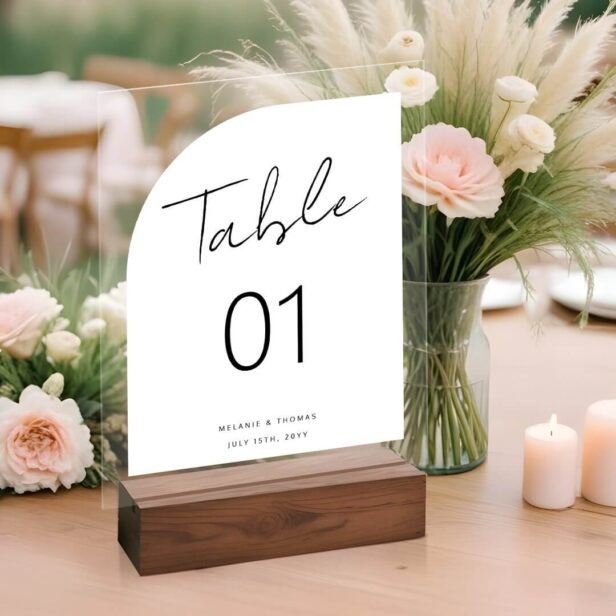 Minimal Arch Shape Brush Script White Table Number Acrylic Sign