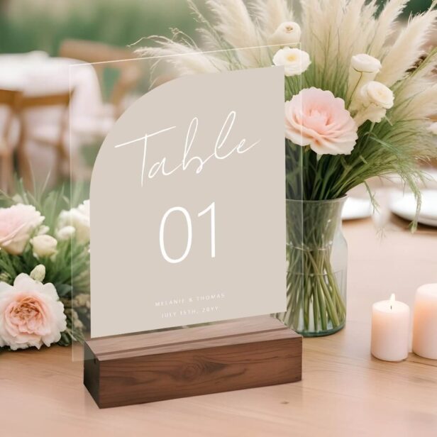 Minimal Arch Shape Script Beige Table Number Acrylic Sign