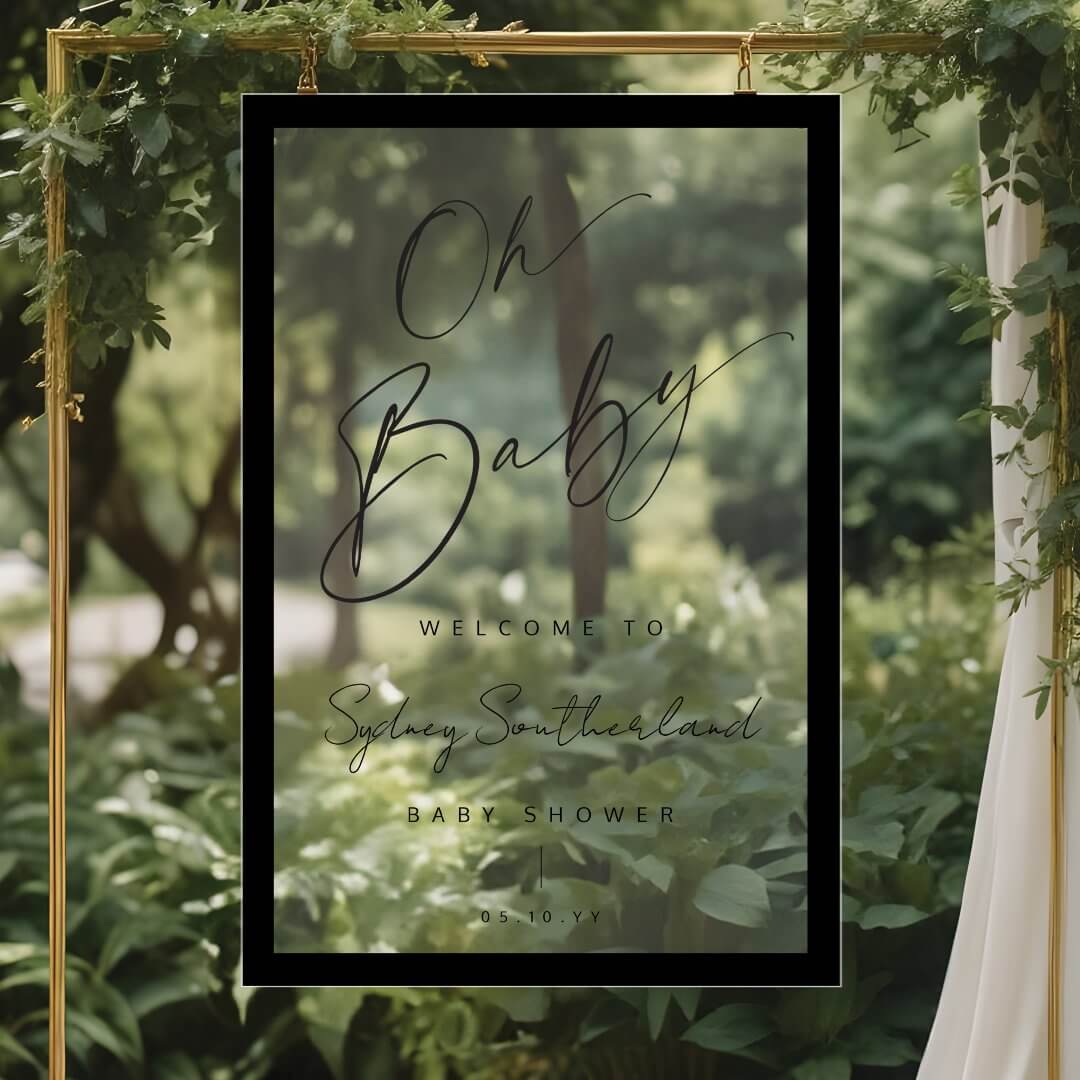 Minimal Oh Baby Black Brush Script Baby Shower Acrylic Sign