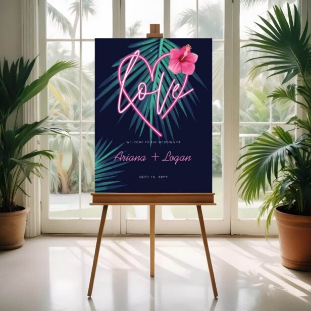 Neon Pink Heart Love Tropical Floral Palm Wedding Foam Board