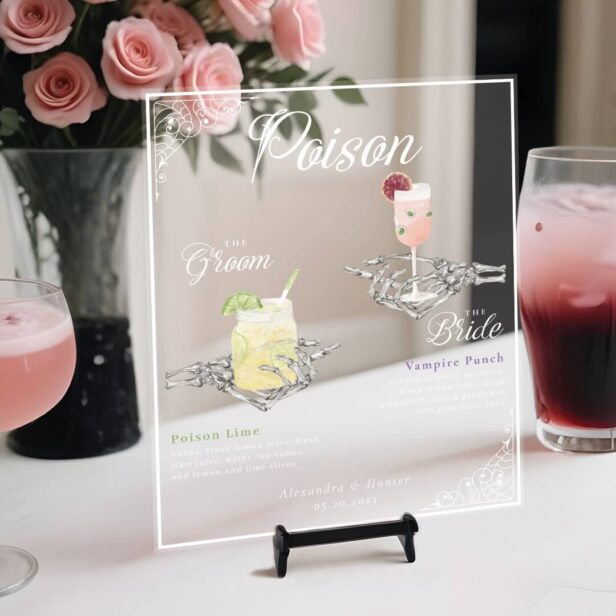 Pick Your Poison Skeleton Bride & Groom Cocktails Acrylic Sign