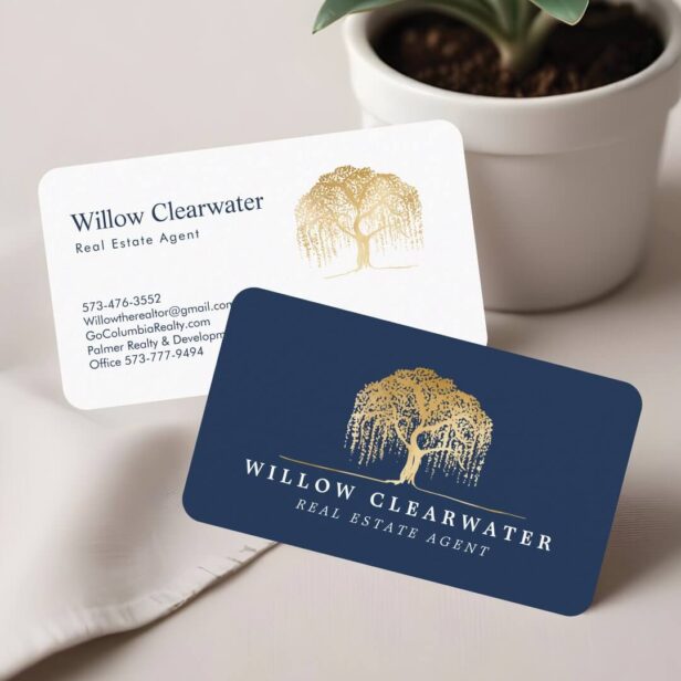 Rustic Modern Navy & Gold Willow Tree Logo Business Card