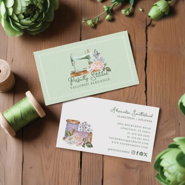 Vintage Watercolor Floral Sewing Machine Tailor Green Business Card