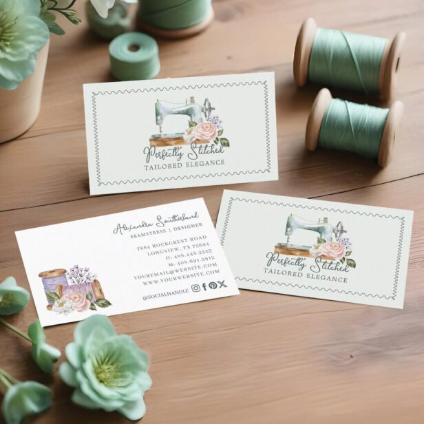 Vintage Watercolor Floral Sewing Machine Tailor Business Card