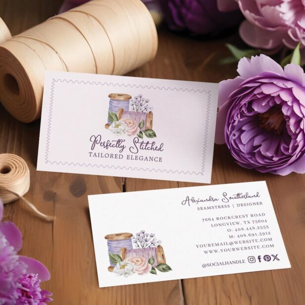 Watercolor Floral Sewing Wooden Spools Tailor Business Card