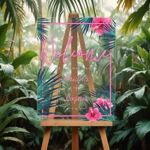 Welcome Fun Neon Pink Tropical Floral Palm Wedding Acrylic Sign