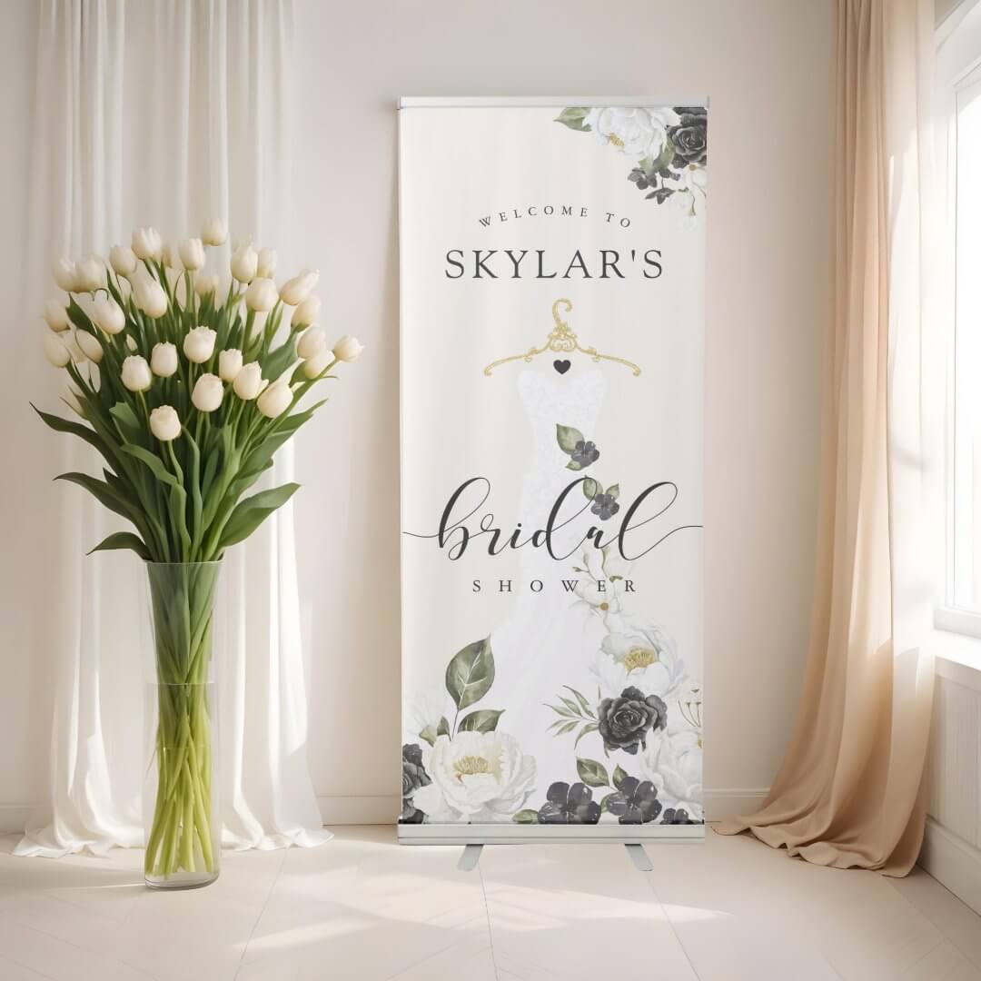 Black & White Flowers Wedding Dress Bridal Shower Retractable Banner