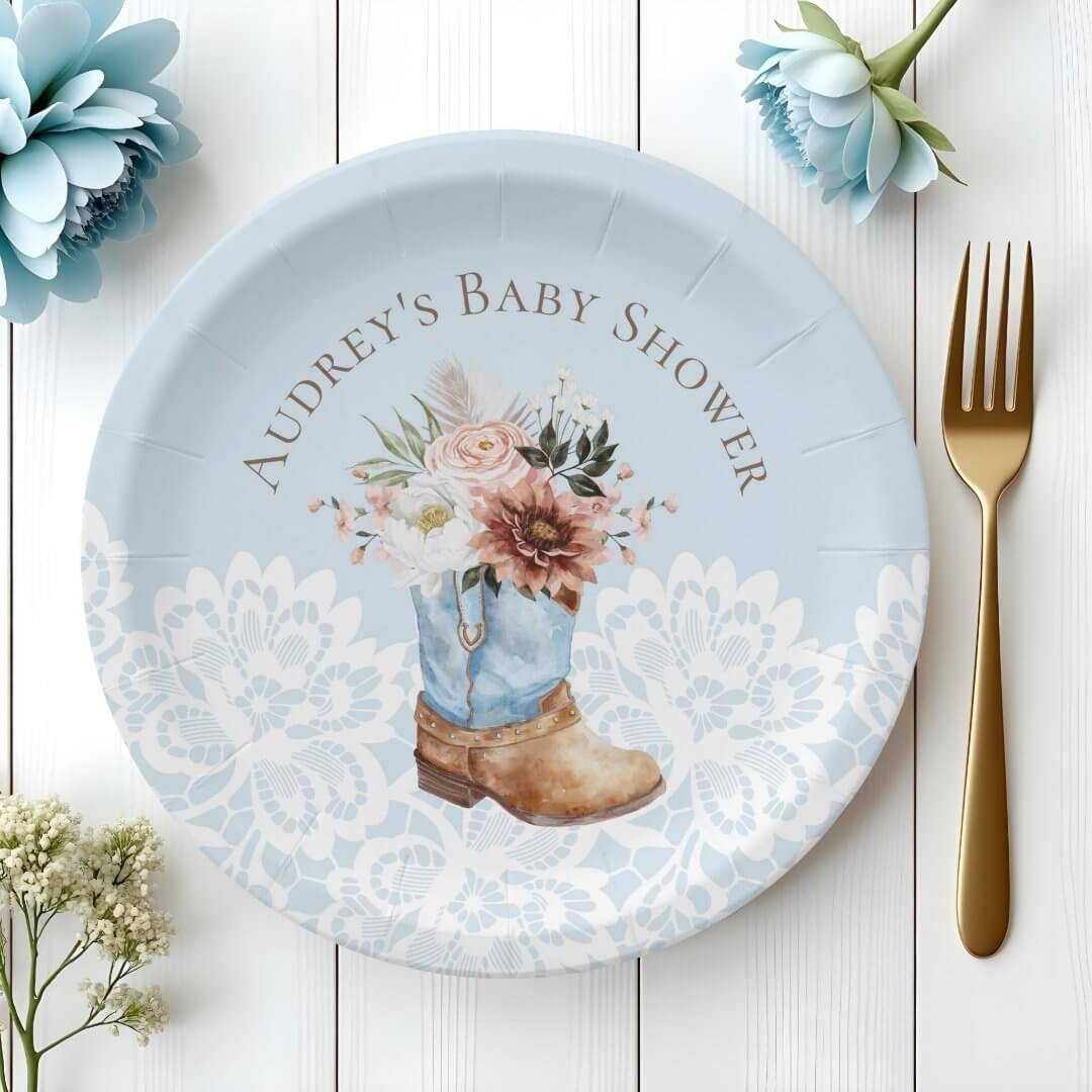Boho Floral Western Blue Cowboy Boot Baby Shower Paper Plates