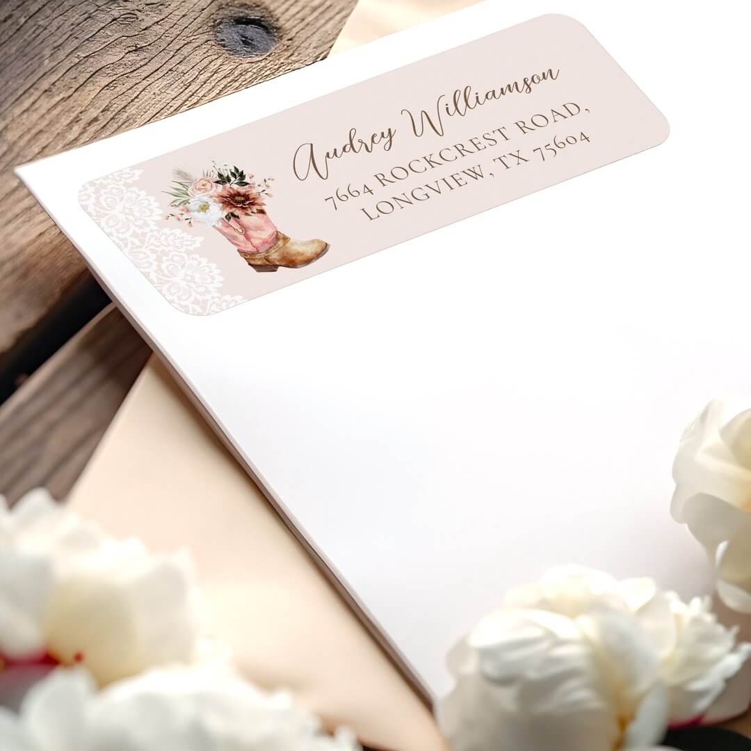 Boho Floral Western Pink Cowgirl Boot Baby Shower Label