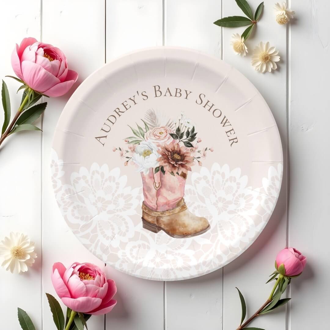 Boho Floral Western Pink Cowgirl Boot Baby Shower Paper Plates