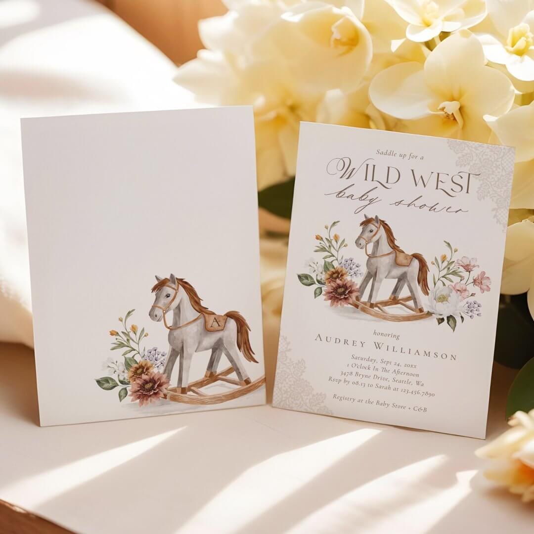 Boho Watercolor Western Rocking Horse Baby Shower Invitation