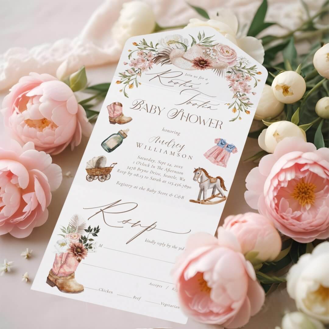 Boho Western Watercolor Little Cowgirl Baby Shower All In One Invitation