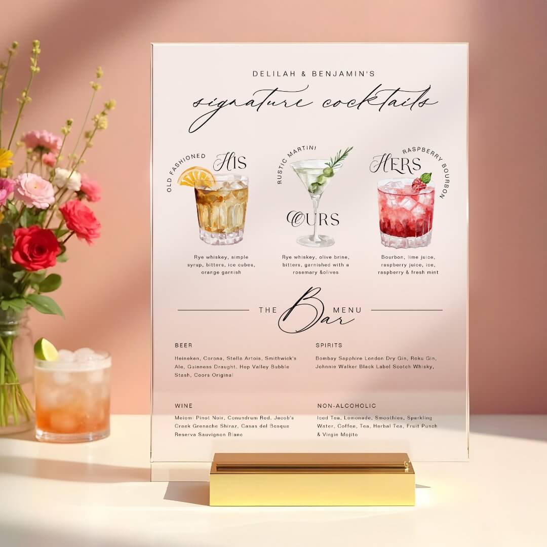 His Ours & Hers Watercolor Signature Cocktail Menu Frosted Acrylic Sign