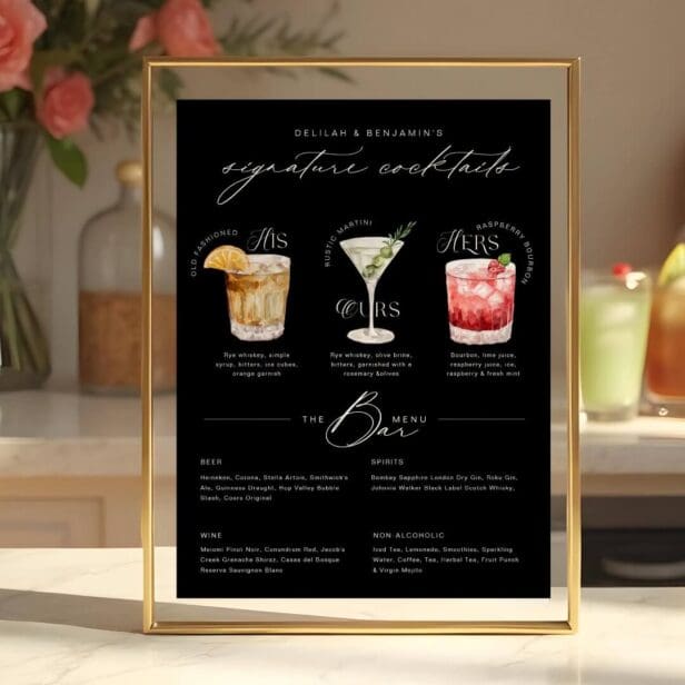 His Ours & Hers Watercolor Signature Cocktail Menu Black Poster