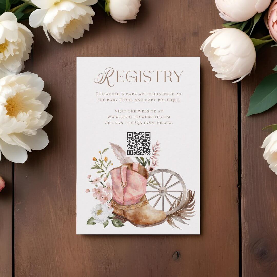 Pink Cowgirl Boot QR Code Registry Baby Shower Enclosure Card