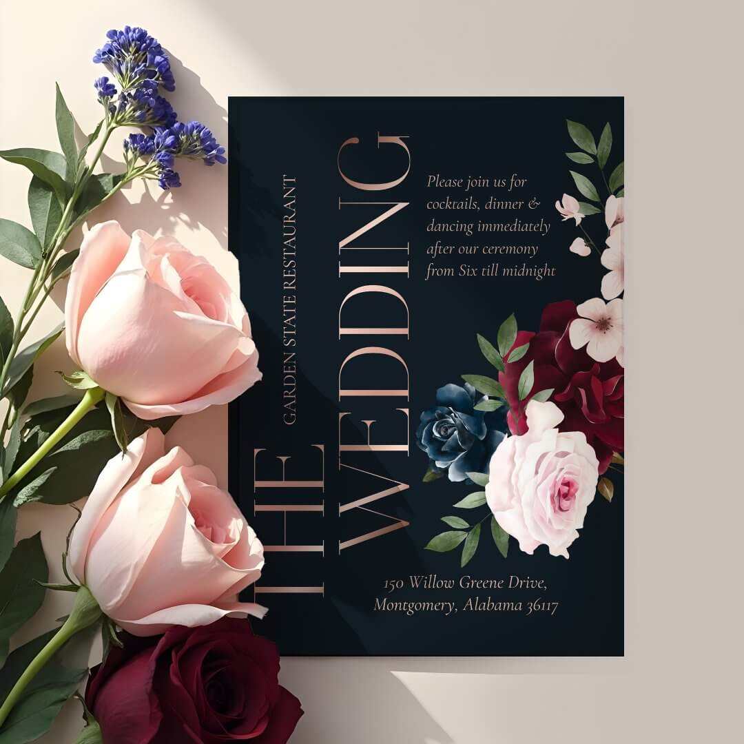 The Wedding Burgundy & Navy Watercolor Florals Enclosure Card