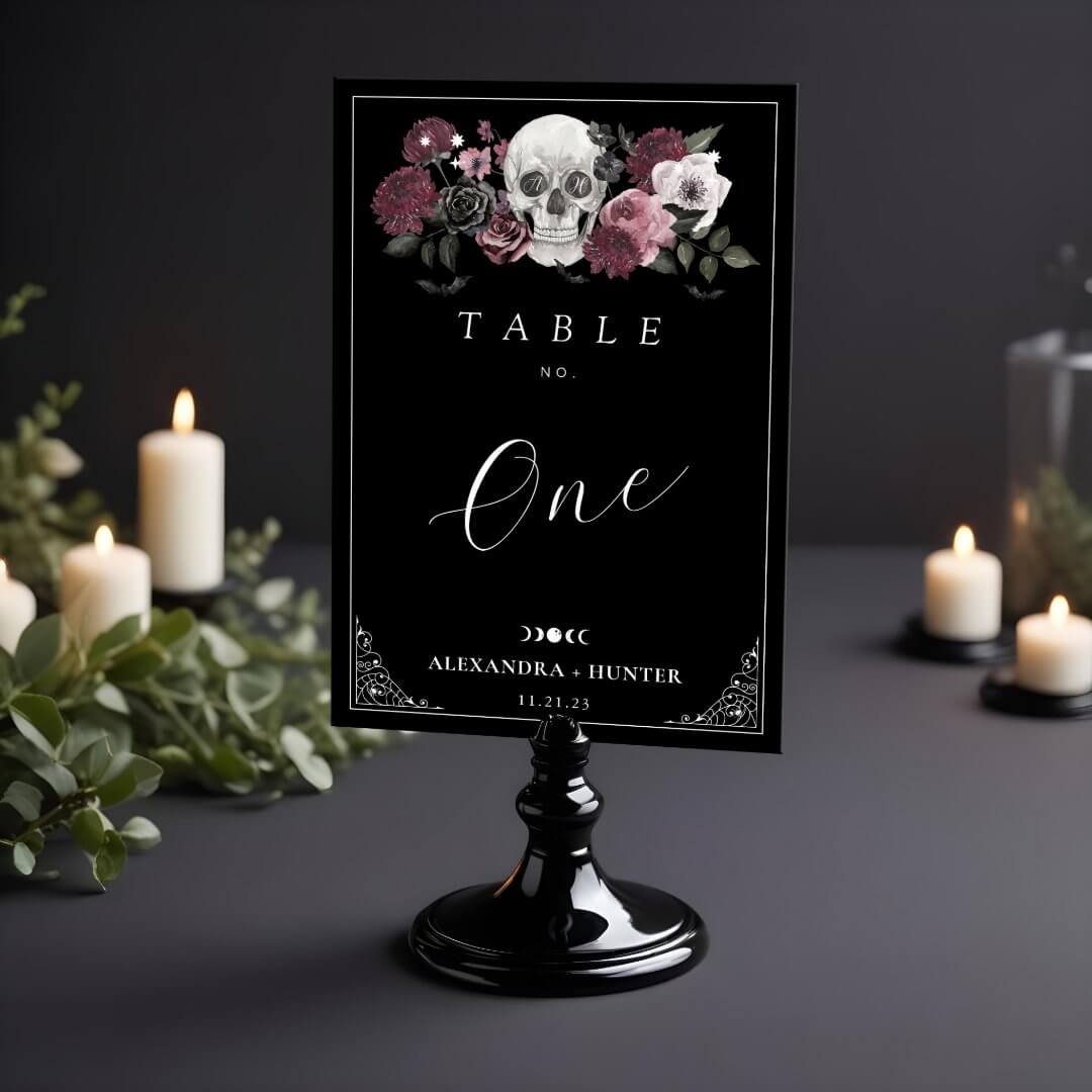 Til Death Do Us Party Watercolor Skull Wedding Table Number