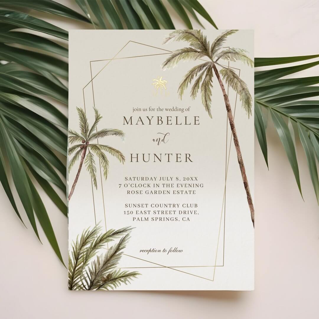 Tropical Watercolor Palm Trees Bohemian Wedding Foil Invitation