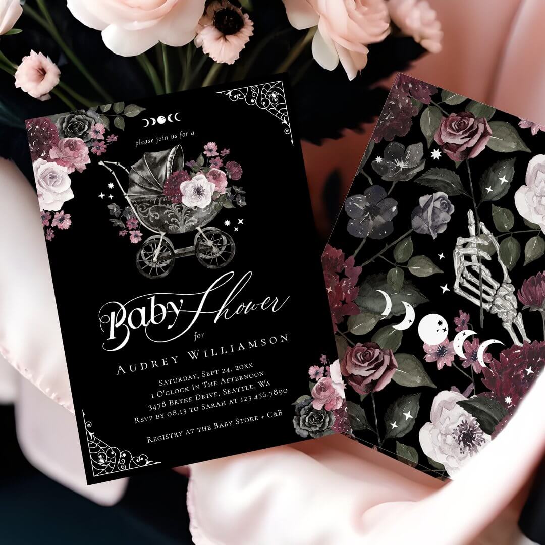 Vintage Floral Gothic Stroller Spooky Baby Shower Invitation