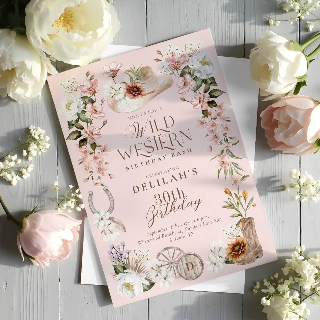 Western Birthday Bash Watercolor Floral Cowgirl Invitation