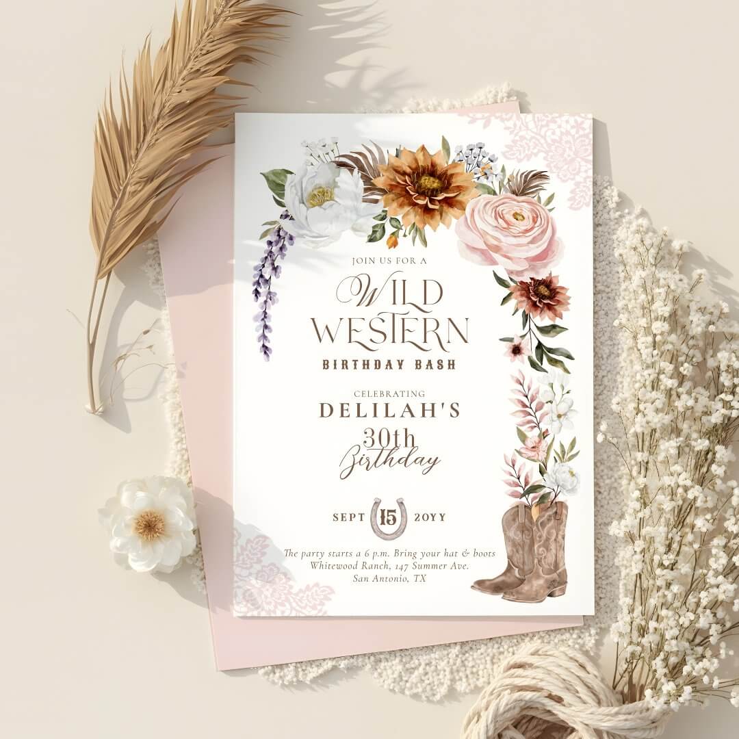 Wild Western Birthday Watercolor Floral Cowgirl Invitation