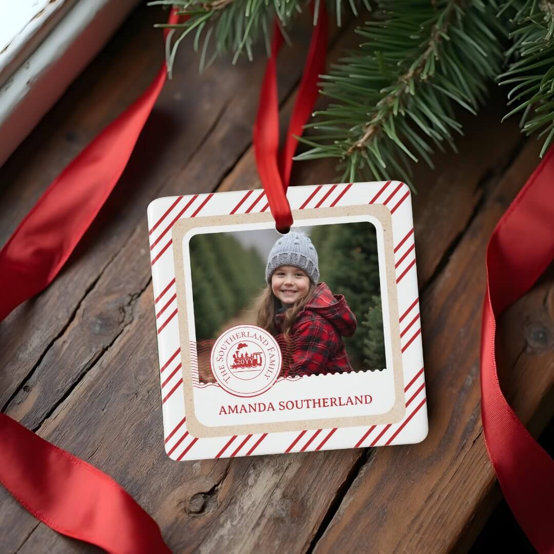 Fun North Pole Express Train First Christmas Photo Ceramic Ornament