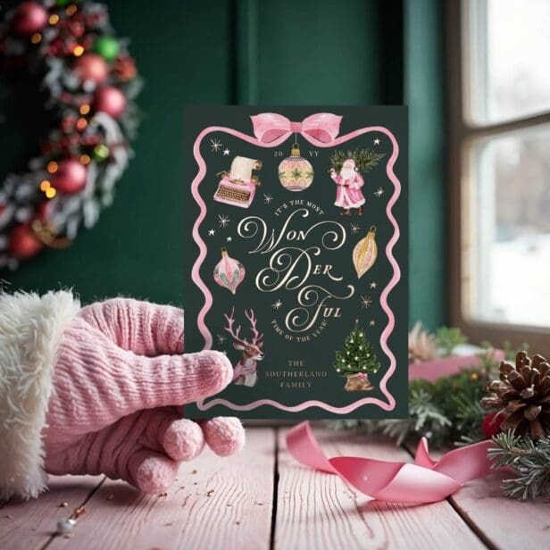 Fun Retro Vintage Christmas Pink Ribbon Watercolor Foil Holiday Card