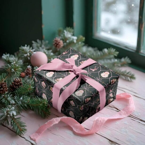 Fun Retro Vintage Christmas Pink Ribbon Watercolor Green Wrapping Paper