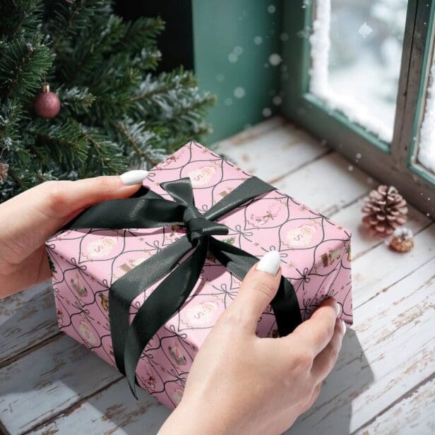 Fun Retro Vintage Christmas Pink Ribbon Watercolor Pink Wrapping Paper