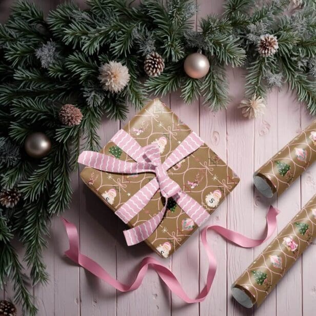 Fun Retro Vintage Christmas Pink Ribbon Watercolor Golden Wrapping Paper